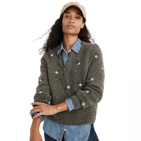 Madewell Embroidered Enfield Half Zip Wool Sweater - Picture 1 of 11